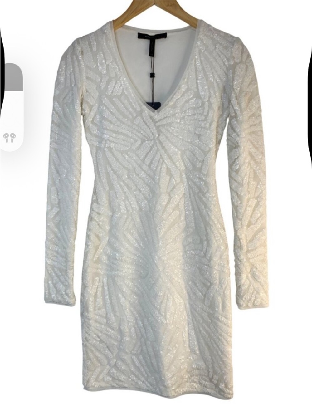 BCBGMaxAzria White Sequin V-Neck Long Sleeve Mini Dress